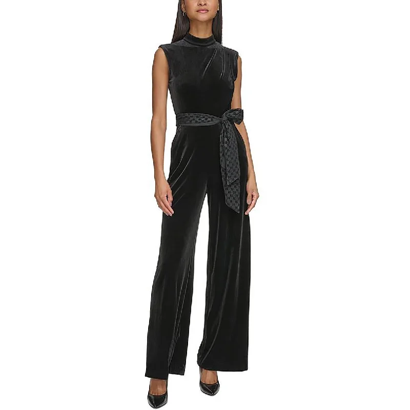 women's wide-leg jumpsuitsKarl Lagerfeld Paris Womens Velvet Sleeveless Jumpsuit