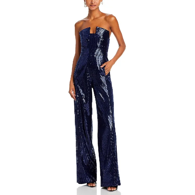 women's jumpsuits with flutter sleevesBlack Halo Womens Lena Strapless Wide Leg Jumpsuit