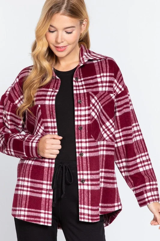 women's tops for wedding guest attireBurgundy Plaid Shacket  - FINAL SALE