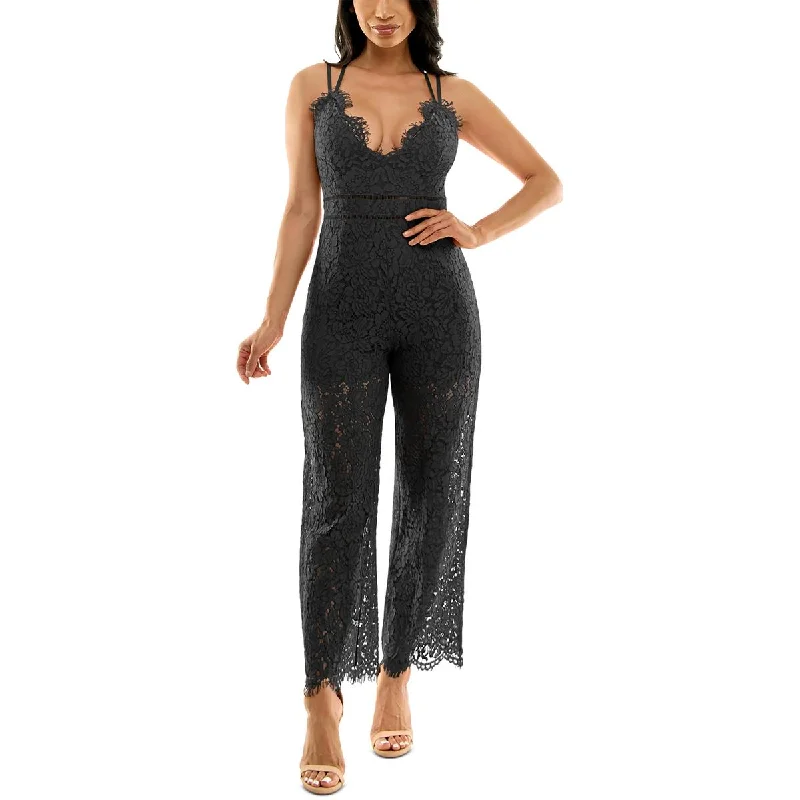 women's jumpsuits with round necksBebe Womens Juniors Lace Straight Leg Jumpsuit