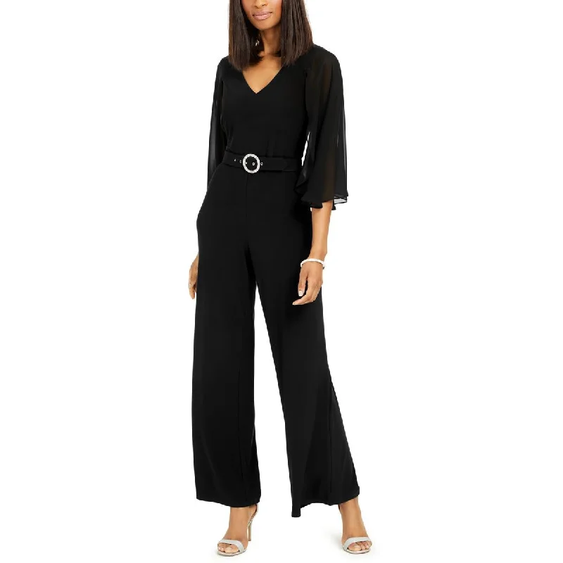 women's jumpsuits with striped patternsMSK Womens Petites Chiffon V-Neck Jumpsuit