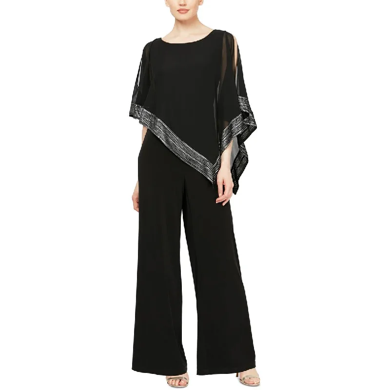 women's jumpsuits with cinched waistsSLNY Womens Petites Chiffon Metallic Jumpsuit