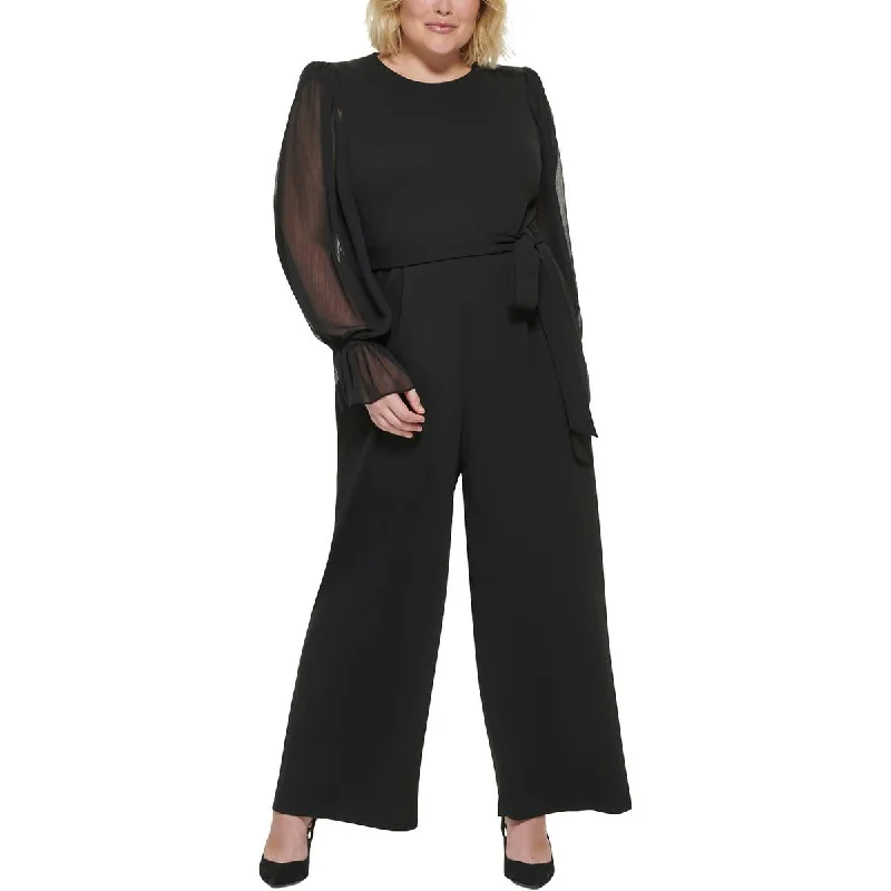 women's elegant jumpsuitsCalvin Klein Womens Plus Belted Sheer Sleeves Jumpsuit