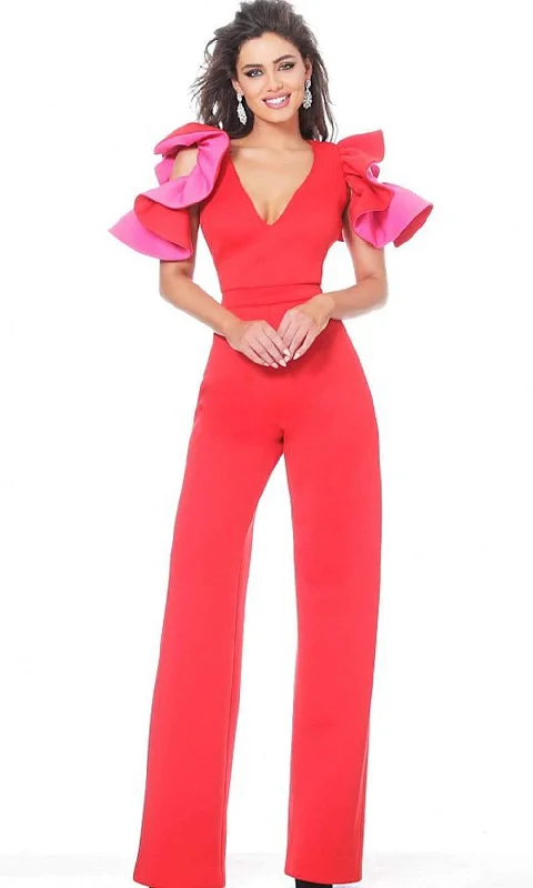 women's loose-fit jumpsuitsJovani 68736SC - Ruffle Sleeve Jumpsuit