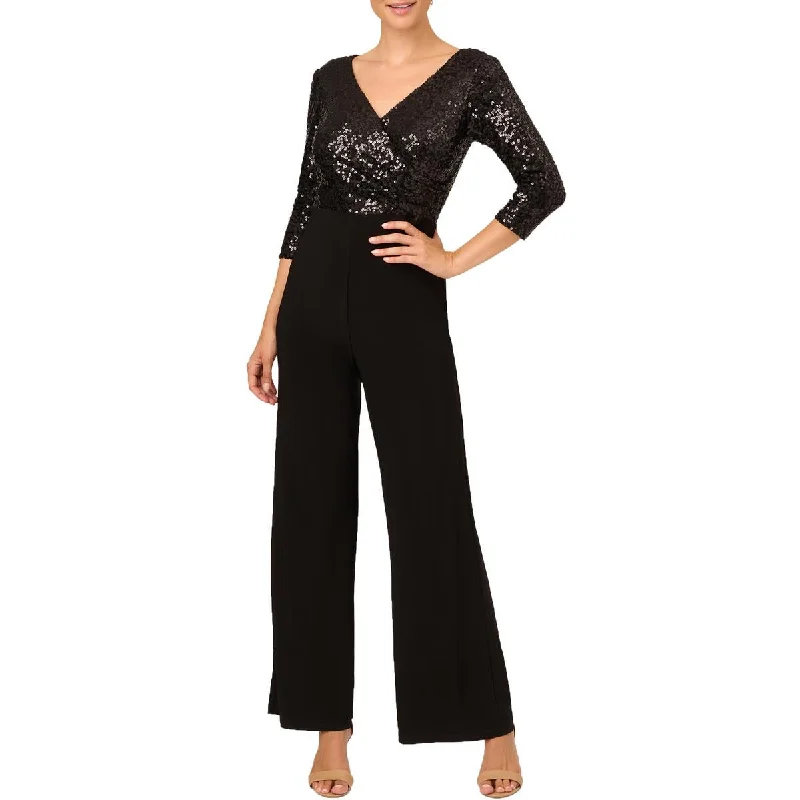 women's jumpsuits made of denimAdrianna Papell Womens Sequin Faux Wrap Jumpsuit