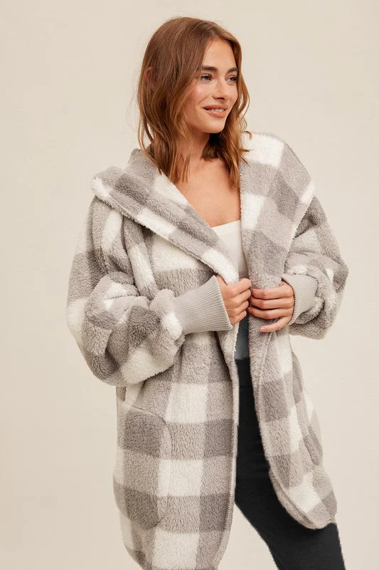 lace women's topsGray Plaid Sherpa Plush Hooded Cardigan