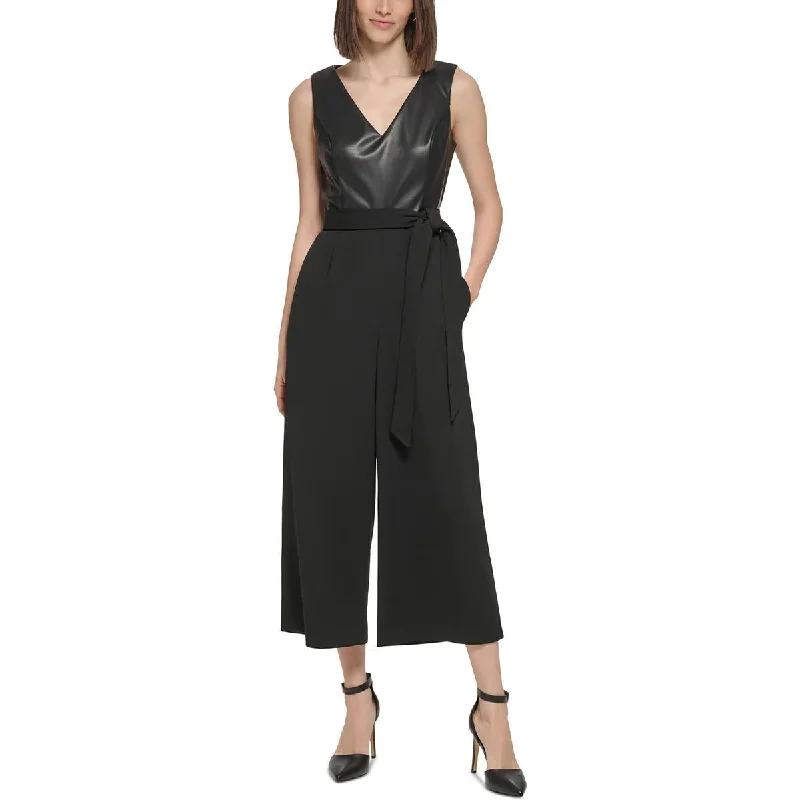 women's ankle-length jumpsuitsCalvin Klein Womens Mixed Media Faux Leather Jumpsuit