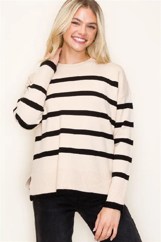 women's tops for evening soireesCream Coffee To Go Striped Sweater