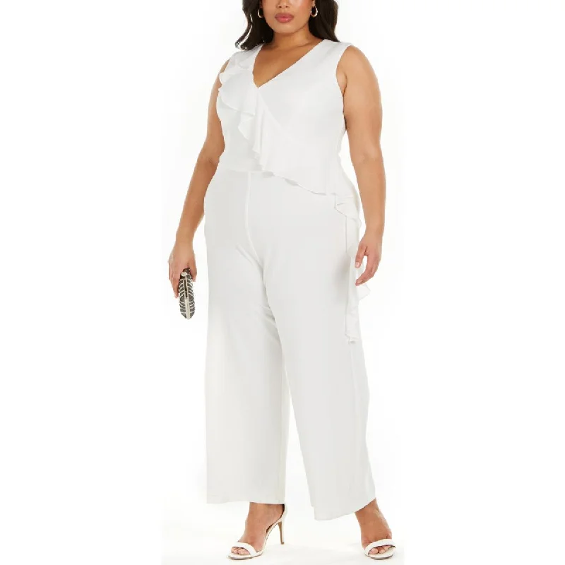 women's jumpsuits with solid colorsConnected Apparel Womens Plus Ruffled Wide-Leg Jumpsuit