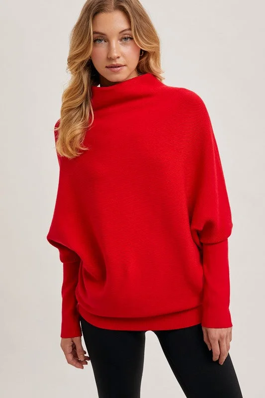 women's tops for cocktail partiesRed Slouch Ribbed Dolman Pullover