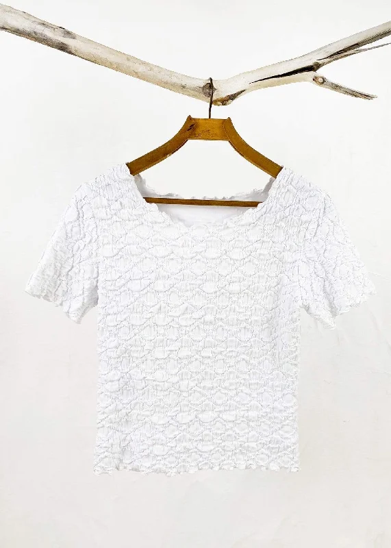 women's tops with embroidery detailsWhite Cable Short Sleeve Lettuce Tee