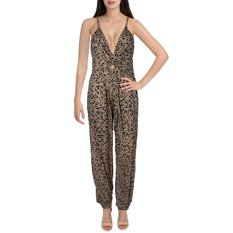 women's jumpsuits with off-the-shoulder necksAngie Womens Animal Print Knot-Front Jumpsuit