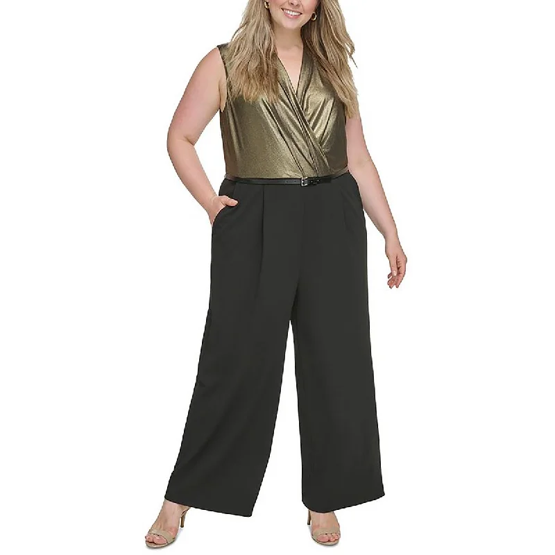 women's jumpsuits made of satinTommy Hilfiger Womens Plus Metallic Wide Leg Jumpsuit