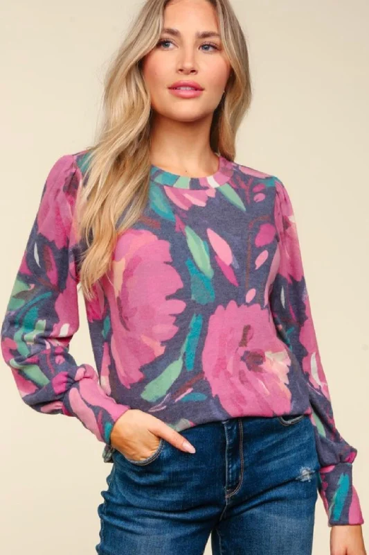 women's tops for glamorous eveningsMagenta Brushed Floral Top