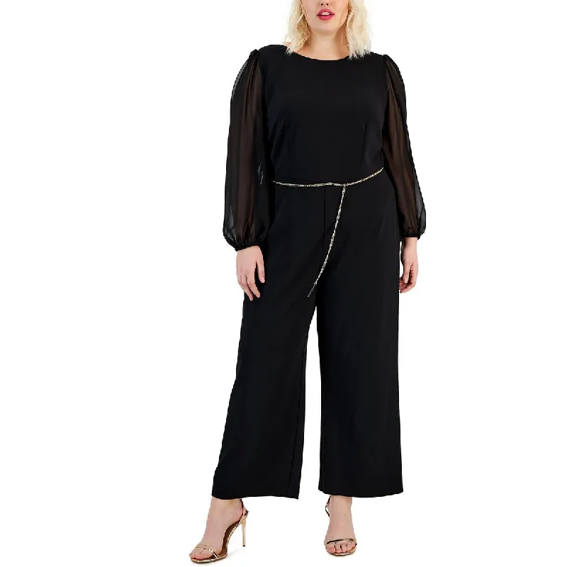 women's jumpsuits for hourglass figuresConnected Apparel Womens Plus Boatneck Sheer Sleeves Jumpsuit