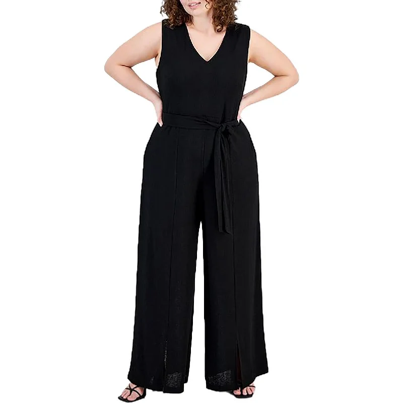 women's jumpsuits with long sleevesBar III Womens Plus V Neck One Piece Jumpsuit