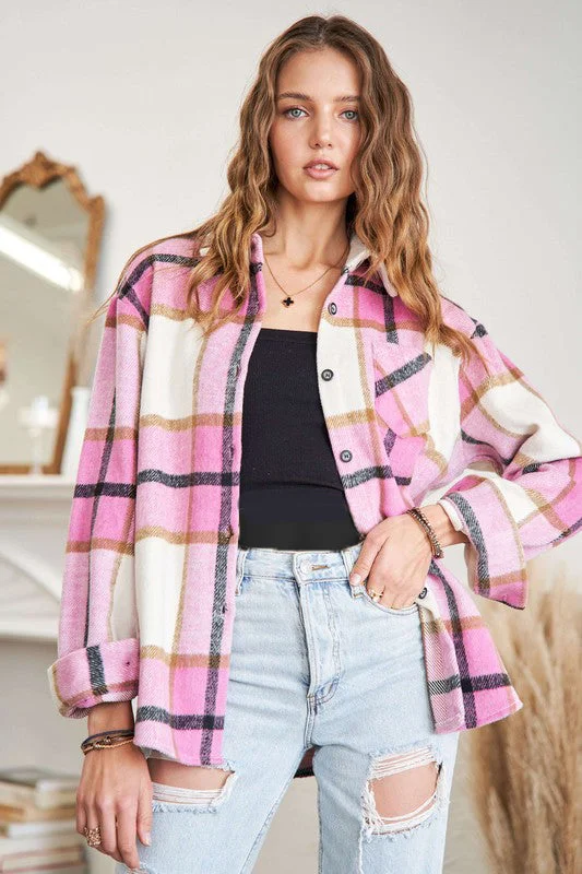 women's tops for those who want to wear versatile pieces that can be dressed up or downPink Perfectly Plaid Shacket