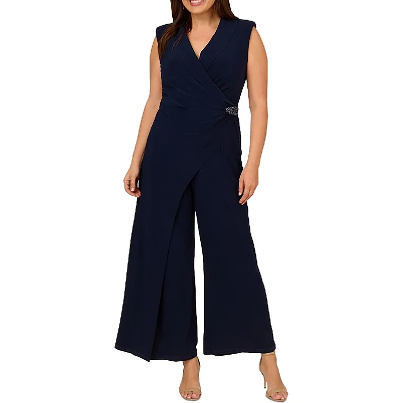 women's jumpsuits with V-necksAdrianna Papell Womens Plus Wide Leg Shawl Collar Jumpsuit