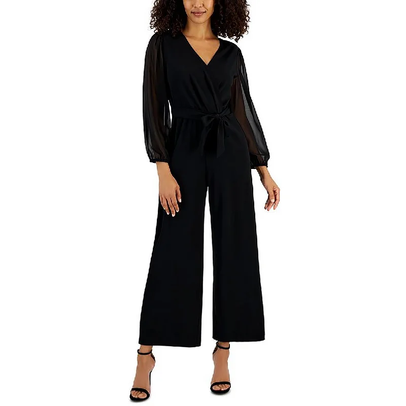 women's jumpsuits made of cottonConnected Apparel Womens Petites Tie-Wiast Wide Leg Jumpsuit