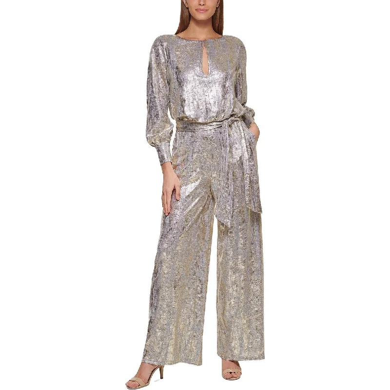 women's jumpsuits for easy dressingVince Camuto Womens Petites Metallic Wide Leg Jumpsuit