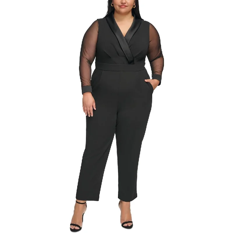 women's jumpsuits with high necksJessica Howard Womens Plus Illusion Long Sleeve Jumpsuit