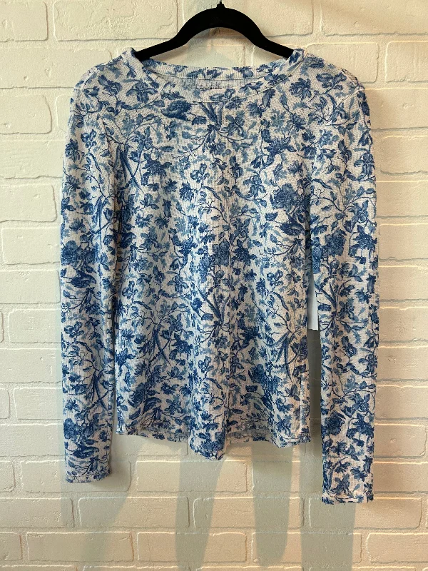 women's long sleeve tops with abstract designsTop Long Sleeve Basic By Lucky Brand In Blue & White, Size: S