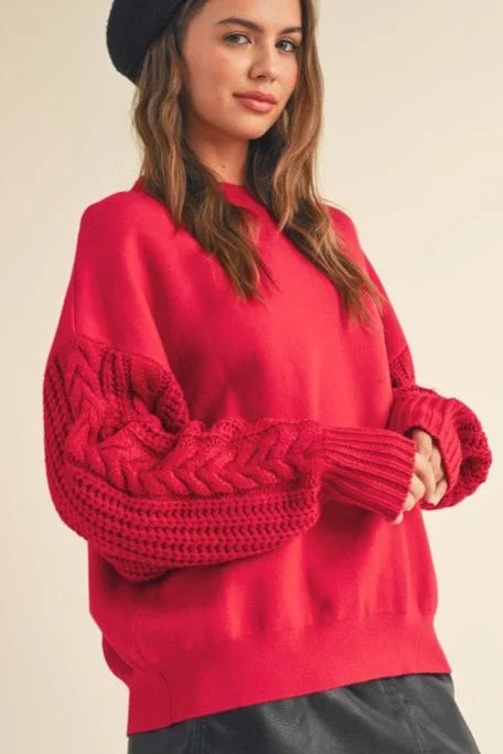 women's tops for fashion-conscious professionalsRed Cable Sleeve Knit Sweater