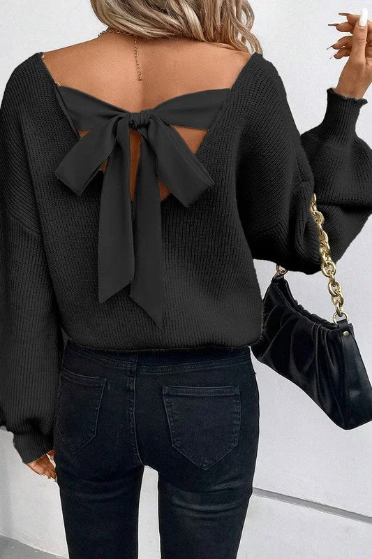 women's tops for those who appreciate subtle and muted tonesBlack Bow Back Sweater