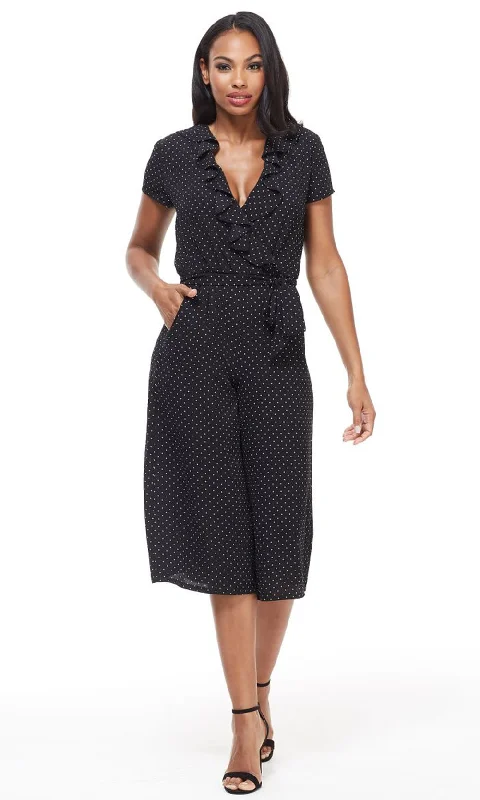 women's cozy jumpsuitsLondon Times - Ruffled V-Neck Polka Dot Jumpsuit T4135MSC