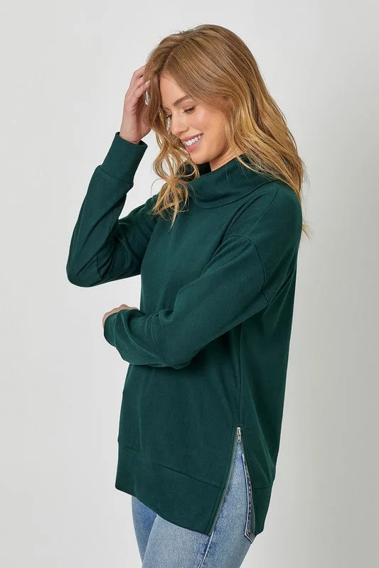 women's tops with cold-shoulder cutsHunter Green Soft Turtleneck Side Zip Top