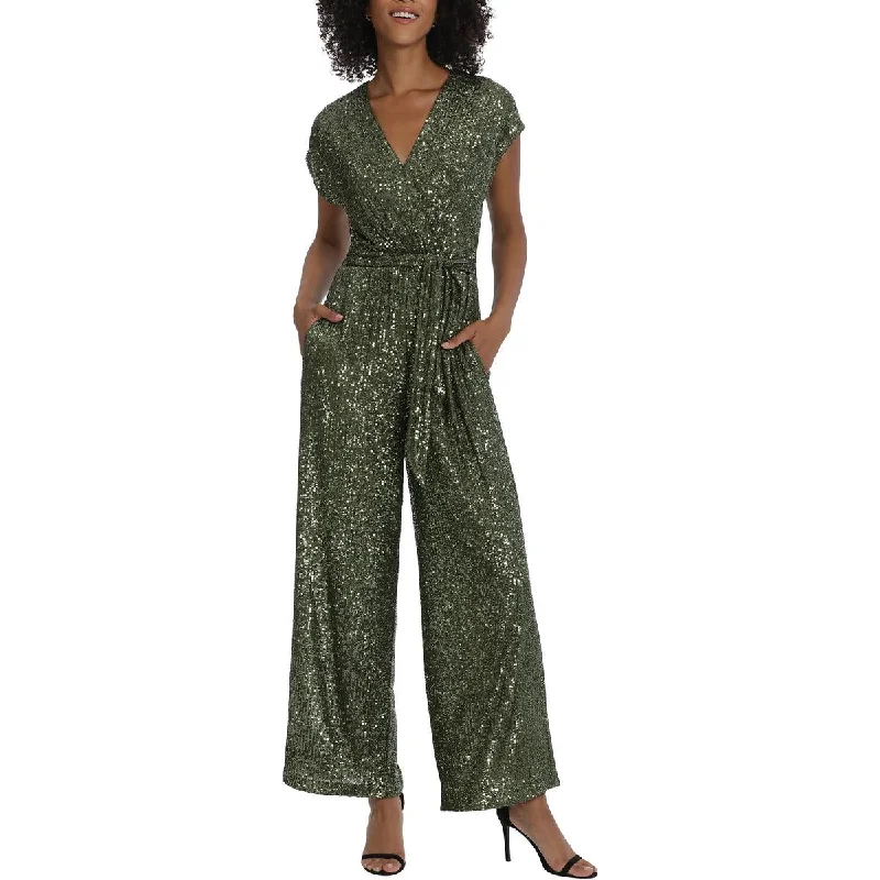 women's jumpsuits with bow tiesMaggy London Womens Sequined Faux Wrap Jumpsuit