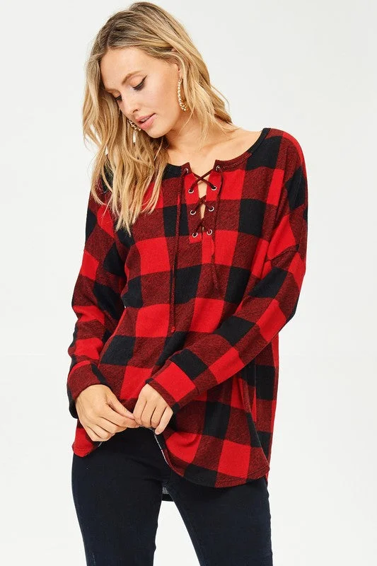 women's tops for those who value both quality and affordabilityLace Up Buffalo Plaid Top - FINAL SALE