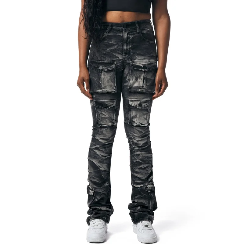 women's denim jeans with distressed hemsHigh Rise Stacked Utility Jeans - Gail Black