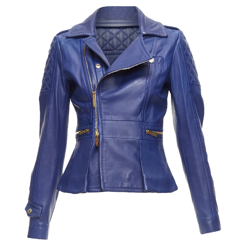 parkas for womenDsquared2 Lambskin Leather Gold Logo Zip Moto Biker Jacket