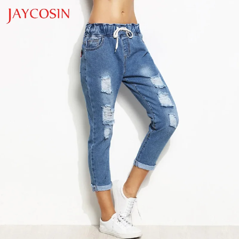 women's denim jeans with geometric patternsJAYCOSIN Women Jeans Sexy Jeans Denim Harem Pants Jeans Elastic Band Streetwear Loose Pants Jeans Women Plus Size Mujer