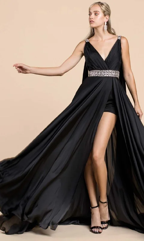 women's travel dressesCinderella Divine - A0065 Satin High Slit Caped Evening Gown