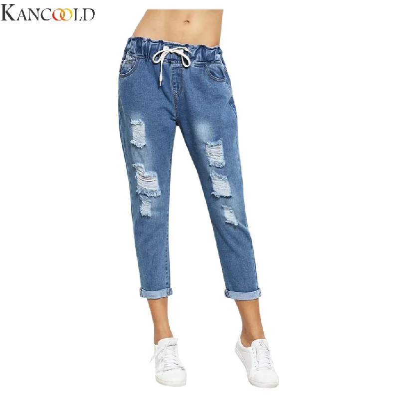 women's denim jeans for athletic bodiesKANCOOLD Women Solid Blue Fashion Pocket Elastic Waist Wild Loose Destroyed Casual Drawstring Harem Denim Pants New Arrival