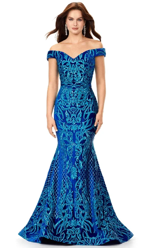 women's luxury dressesAshley Lauren 11330 - Velvet Off Shoulder Evening Gown