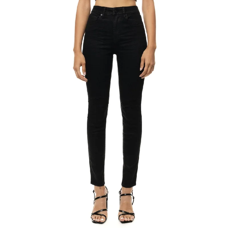 women's denim jeans with raw hemsHigh Rise Super Skinny Wax Coated Jeans - Polished Black