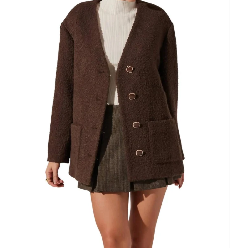 women's coats for hourglass figuresSherpa Collarless Jacket In Brown