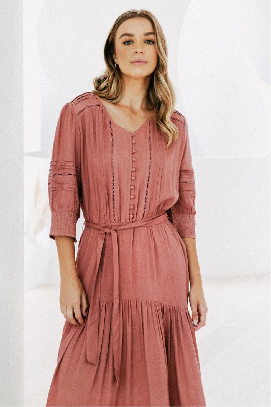 women's statement dressesThea Clay Button Up Tiered Midi Dress