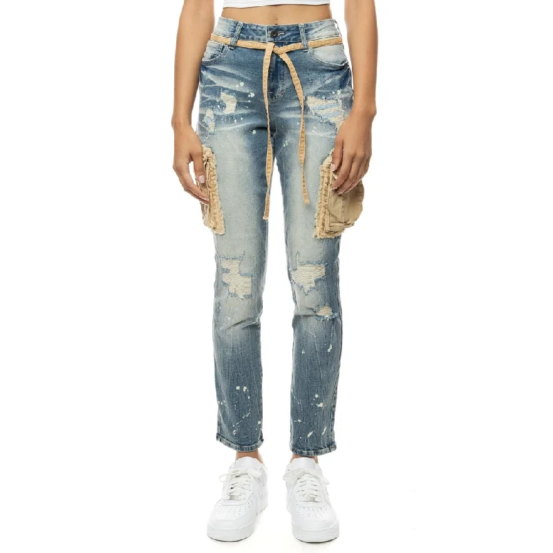 women's denim jeans with zippersHigh Rise Relax Tapered Mixed Media Cargo Jeans - Brighton Blue