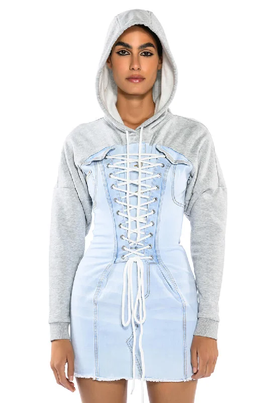 women's business casual dressesGINA LACE UP DENIM HOODED MINI DRESS