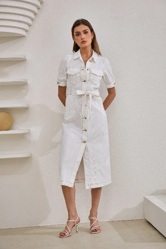 women's casual dressesCoco White Button Down Belted Midi Dress