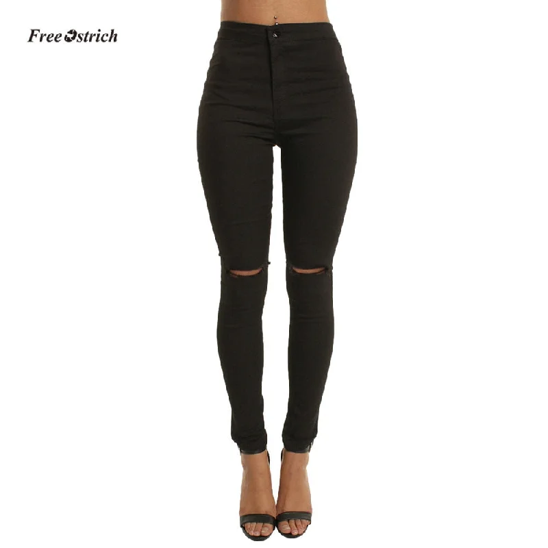 women's denim jeans for a vintage styleFree Ostrich Clothes Women Jeans Women Casual Slim Solid Hole Long Jeans Zippers Sexy Skinny Pants Daily Trousers NEW jean Pants