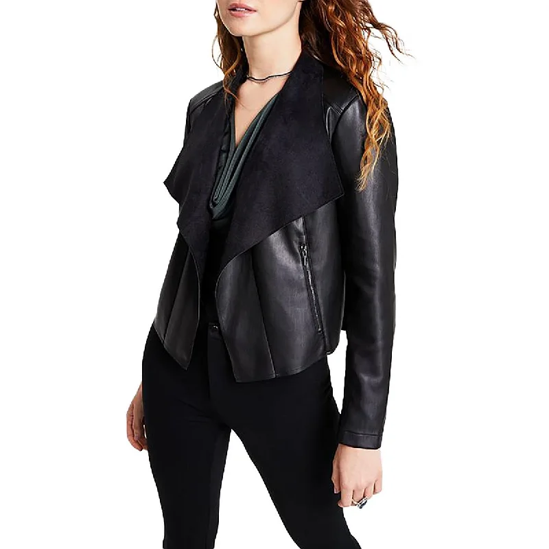 women's coats with satin liningsPetites Womens Collared Long Sleeve Leather Jacket