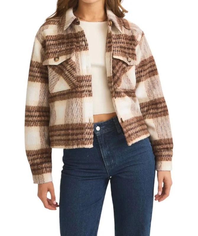 women's coats for ice skatingBrushed Plaid Shacket In Cream/brown