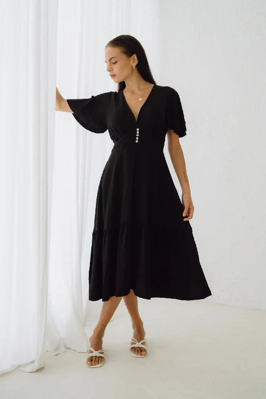 women's versatile dressesElle Black Flared Sleeve Midi Dress