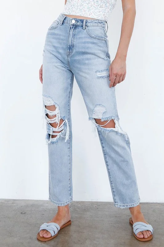 women's denim jeans with embroideryHigh Waist Ripped Loose Fit Jeans