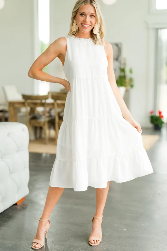 women's made-to-order dressesOn The Run White Ruffled Midi Dress